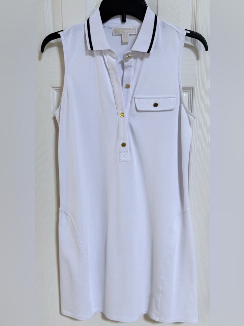Michael Kors White T-shirt Dress-Polo Collar Sleeveless Gold Button Logo-Size S